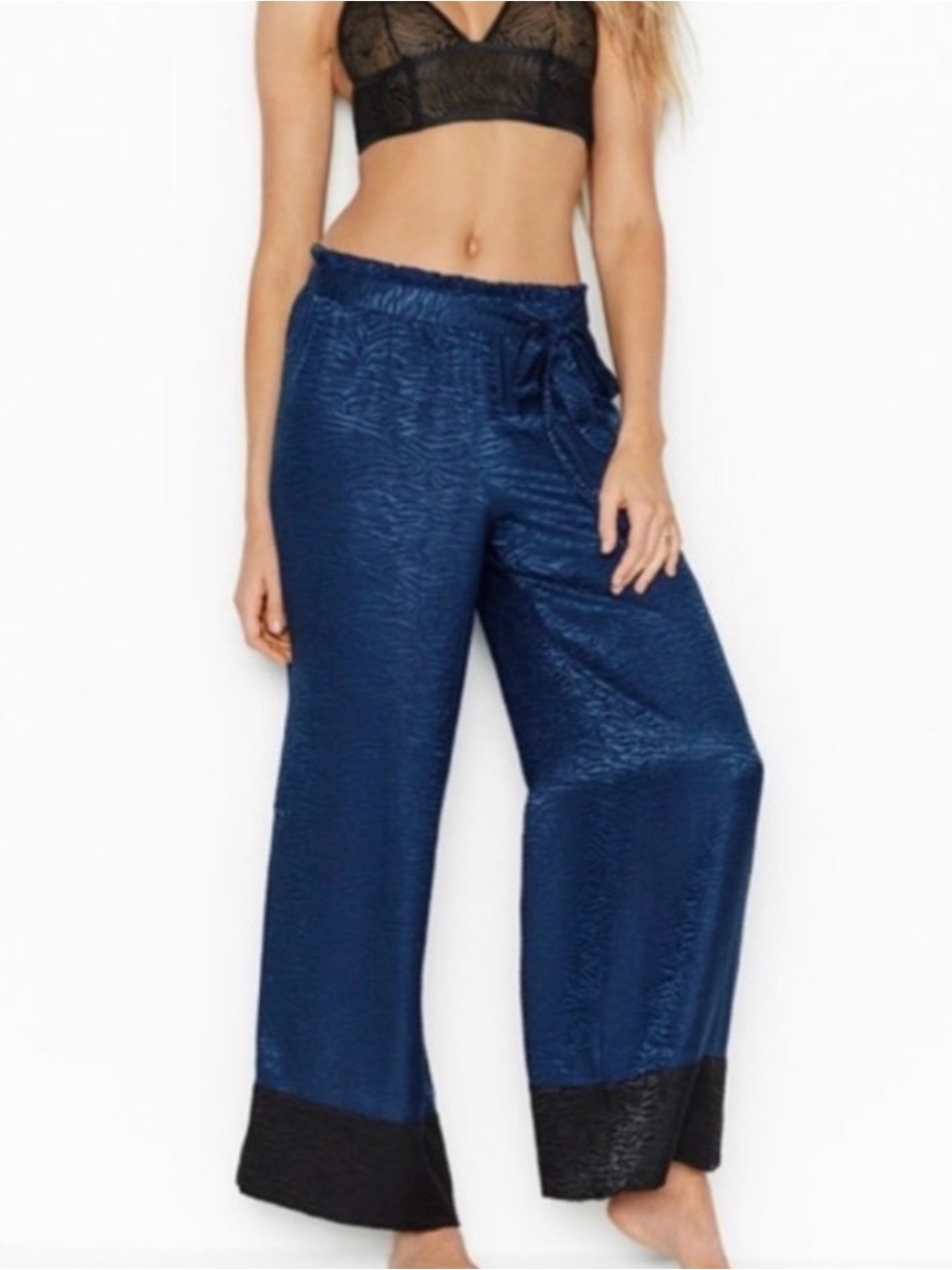 Victoria's Secret Navy Satin Lounge Pants with Black Accent N0498